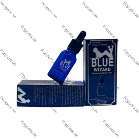 Blue Wizard female aphrodisiac water 15ml bottle and packaging on white background