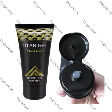 Titan Gel Gold special gel for men tube with open cap on white background