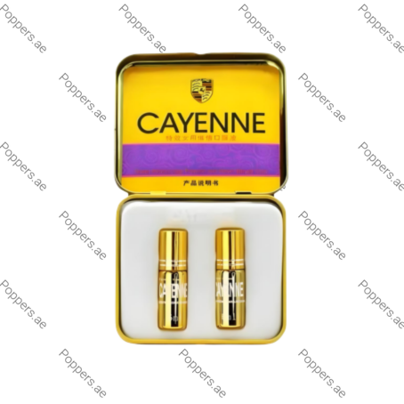 Cayenne female arousal drops two bottles inside metal case on white background
