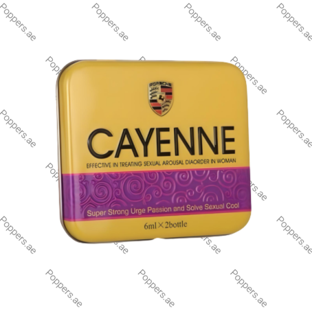 Cayenne female arousal drops metal case packaging on white background