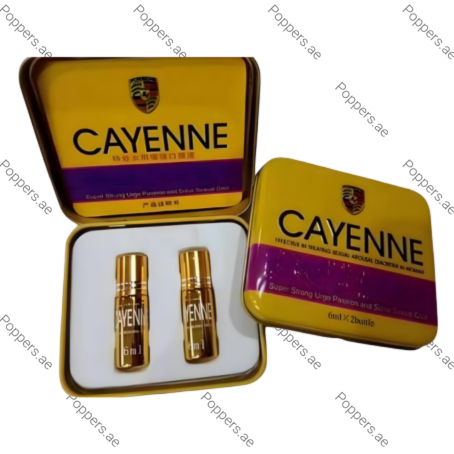 Cayenne female arousal drops 6ml two bottle set with open metal case on white background