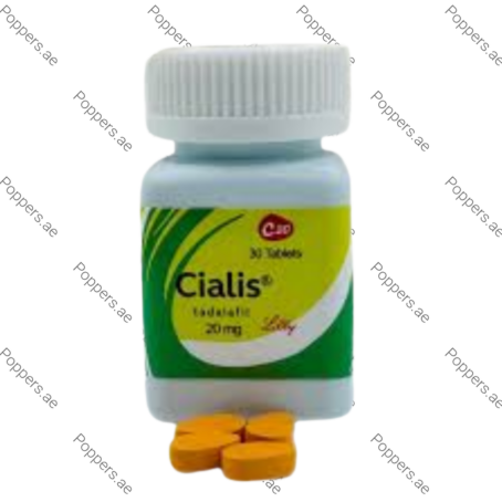 Cialis 20mg tadalafil bottle and yellow tablets on white background