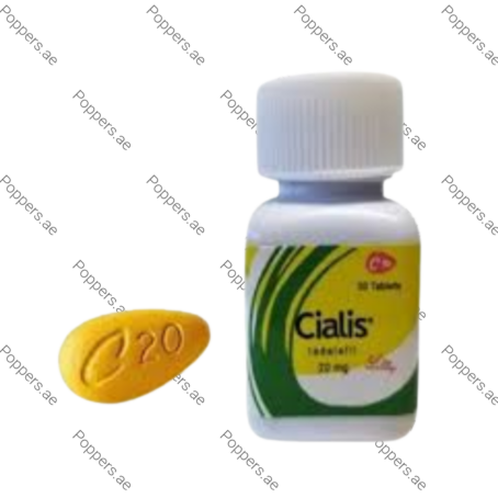 Cialis 20mg tadalafil tablet bottle and yellow tablet on white background