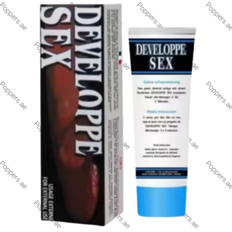 Developpe Sex Delay and Enlargement Cream tube and packaging box on white background