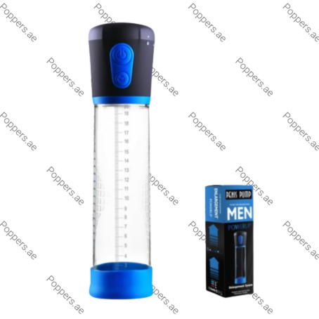 Electric Penis Enhancement Pump Men PowerUp device and packaging on white background