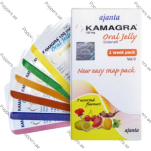 Kamagra Oral Jelly Vol 2 assorted sachets and packaging box on white background