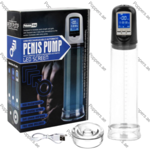 LED Rechargeable Penis Pump with LCD screen, accessories, and packaging on white background