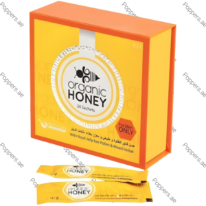 Organic Honey 24 sachets box and sachets on white background