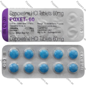 Poxet 60mg Dapoxetine HCI tablets blister pack on white background