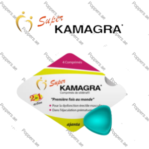 Super Kamagra tablets packaging and blue tablet on white background