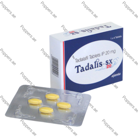 Tadalis SX 20mg tadalafil tablets blister pack and packaging box on white background