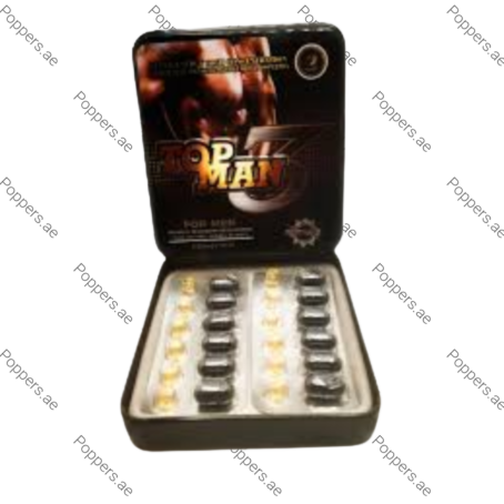 Top Man 3 Power Capsule blister pack and tin packaging on white background