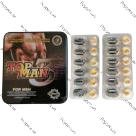 Top Man 3 Power Capsule tin packaging and capsule blister packs on white background