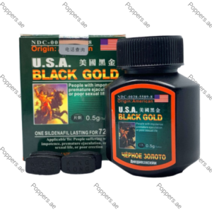 USA Black Gold Sex Power Pills bottle, box, and tablets on white background