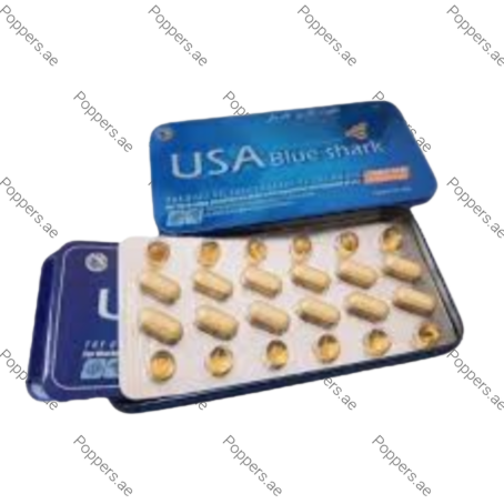 USA Blue Shark Pills capsules blister pack and tin box on white background