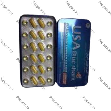 USA Blue Shark capsules blister pack and tin packaging on white background