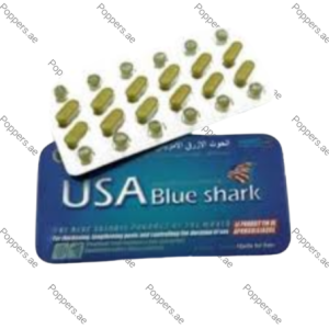 USA Blue Shark Pills blister pack and tin packaging on white background
