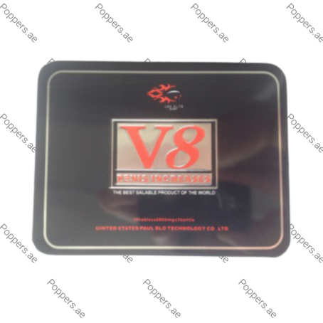 V8 Pills for Sex Delay premium tin packaging on white background