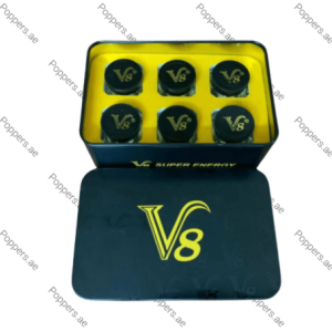 V8 Super Energy Pills container set and tin packaging on white background