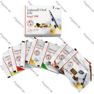 Vega 100mg Sildenafil Oral Jelly sachets and packaging box on white background