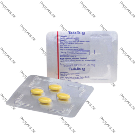 Tadalis SX 20mg tadalafil tablets blister pack on white background